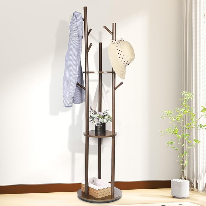 Wood Coat Rack Freestanding Rotary Coat tree with 3 Shelves and 9 Hooks | Heavy Duty Coat Rack Coat Hanger Stand for Entryway, Bedroom, Living Room – Holds Jackets, Coats, Hats, Bags (Walnut)