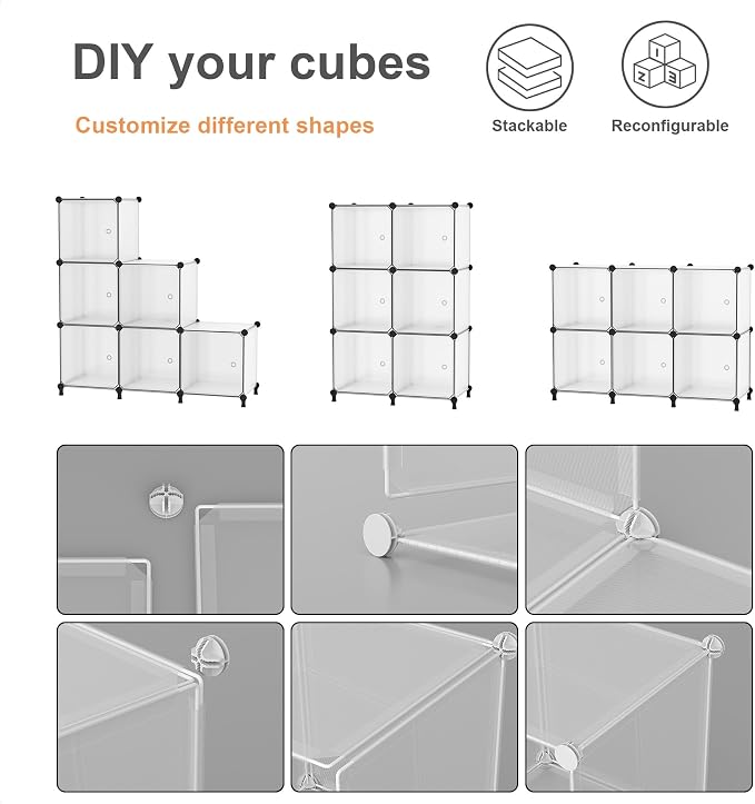 6Cube Storage Organizer Modular Stackable with Doors White | Sturdy plastic 6-cube cabinet with doors, 30x30x30cm per cube, tool-free snap assembly, ideal for bedroom, stairs, closet.