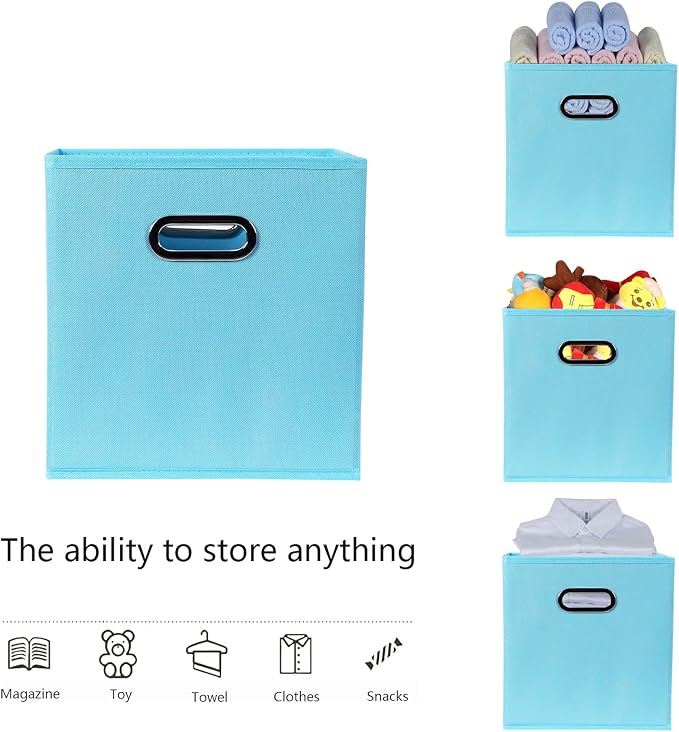 Yunkeeeper storage bins Cubes, Fabric Cube Organizer with Handle, Foldable Cube Bins for Cloth or Accessary Storage, 11x11x11, Set of 6, (Blue