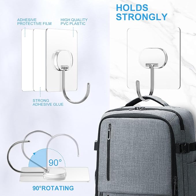 JINSHUNFA Adhesive Wall Hooks 13LB Heavy Duty No Drill Large Transparent Waterproof Hooks for Bathroom Kitchen Towel Coat 12 Pack