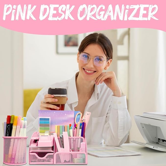 Pink Office Supplies, 17Pcs Pink Desk Accessories Set Include Stapler, Mesh Desk Organizer, Tape Dispenser, Staple Remover, Pen Holder, Clips, Pens, Ruler, for Office Home School Women Students Gift
