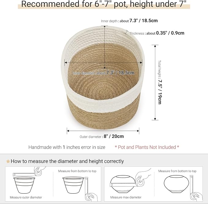 Dahey Plant Basket Indoor for 7 inch Pot Woven Jute Planter, White & Beige | Fits 6"-7" Planters, Reinforced Structure, Foldable Laundry Bin with Handles, Jute Cotton Rope, Decorative Flower Pot Cover