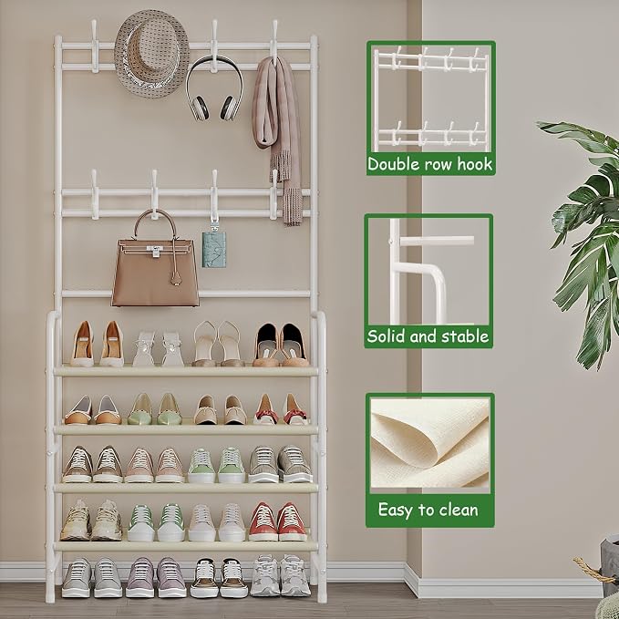 Coat Rack Shoe Rack With Storage Hooks Standing Organizer 4 Tier | Metal Freestanding Hall Tree for Clothes Hats bag Scarves Space Saving Design for Entryway Bedroom living Closet Office,White