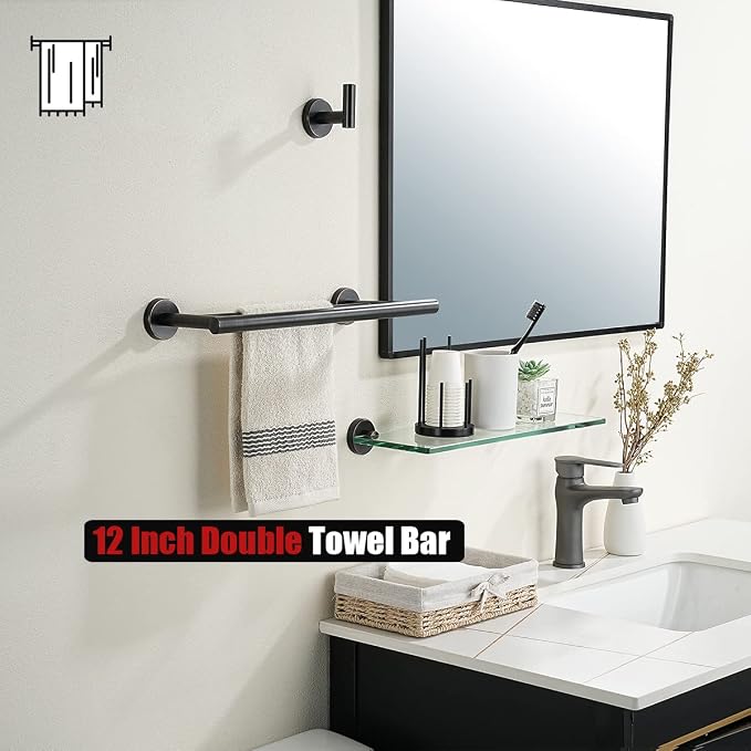 JQK Double Towel Bar Oil Rubbed Bronze, 15 Inch 304 Stainless Steel Thicken 0.8mm Towel Rack Holder for Bathroom Washcloths and Hand Towels, ORB Wall Mount, Useable Length 12 Inch, TB100L12-ORB
