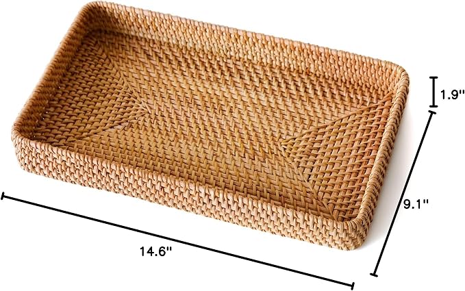 Rattan Serving Tray, Rectangle Wicker Storage Basket for Organizing | M(14.6" × 9.1"), Natural Rattan, Decorative Woven Trays Wicker Baskets for Storage, Home Decor, Bathroom, Kitchen Counter