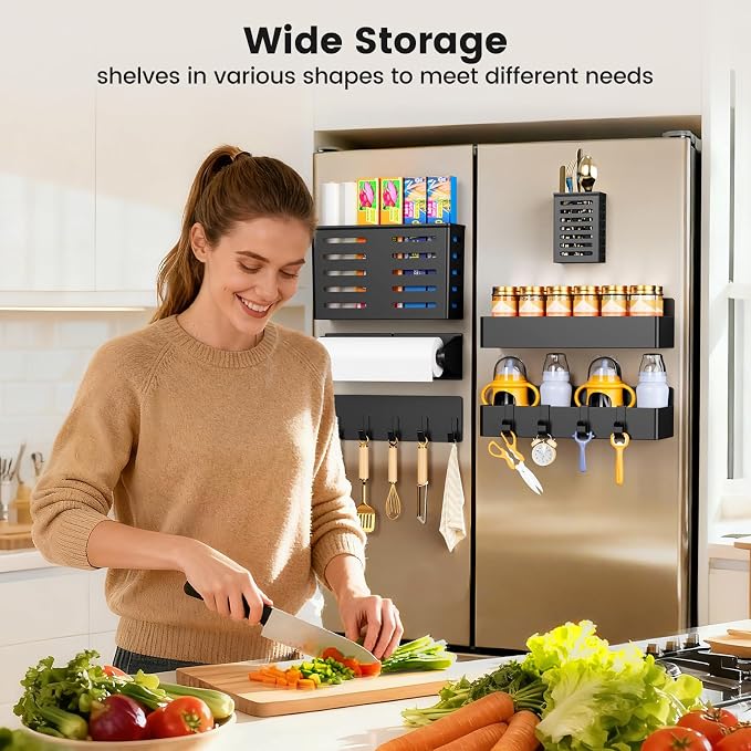 Magnetic Spice Rack for Refrigerator,6 Pack Magnetic Shelf,Fridge Magnet Organizer with Paper Towel Holder,Utensils Racks,Hook Rack,Deepened Basket,Fridge Organizers and Storage Black(6 Pack)