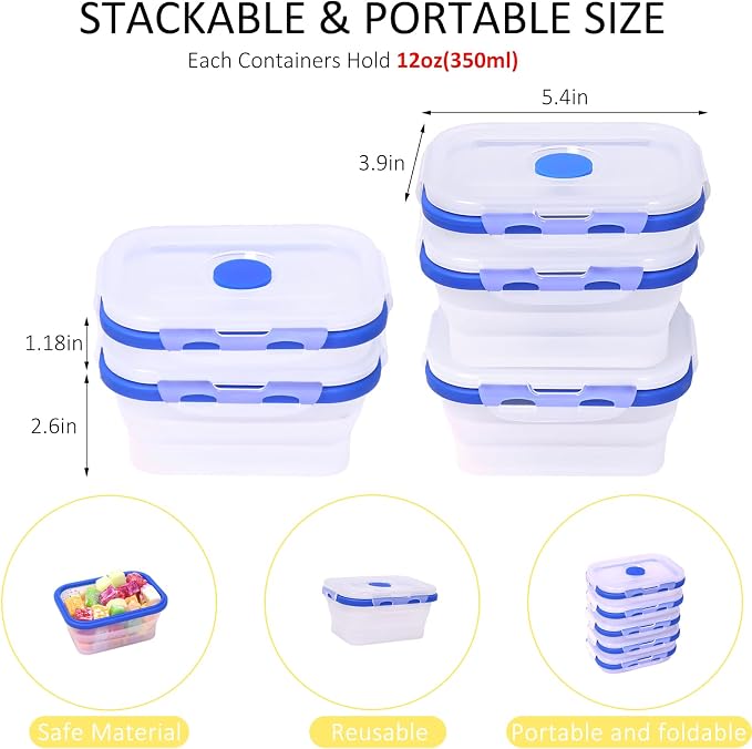 5 Pack Collapsible Translucent Silicone Food Storage Containers with Leak Resistant Lids, 12oz Small Snack Bento Box, For Kitchen, Office, Camping, Travel, BPA Free