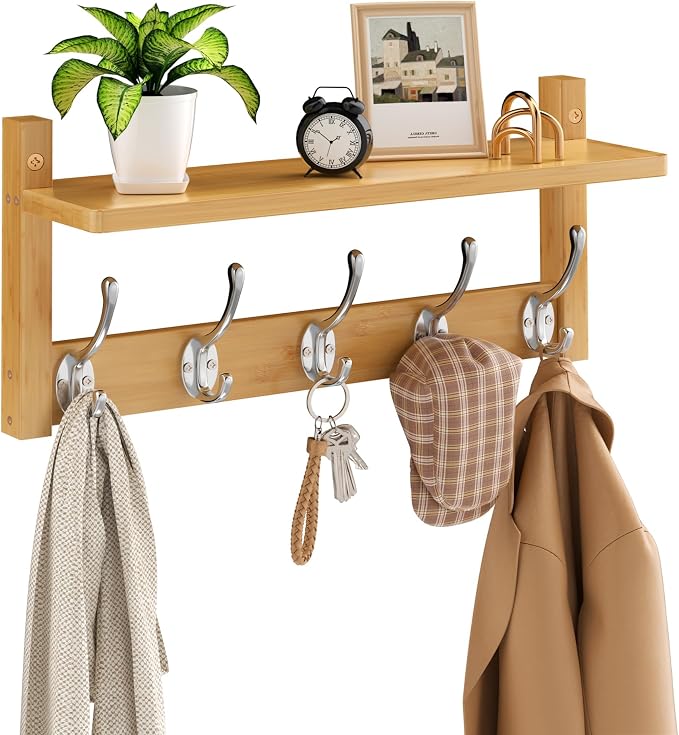 VASMIA Coat Rack Wall Mount with Shelf,Bamboo Wall Shelf with Hooks,Coat Hangers for Entryway,Bathroom, Living Room, Bedroom, Natural