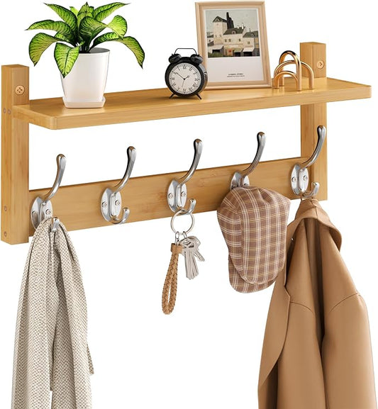 VASMIA Coat Rack Wall Mount with Shelf,Bamboo Wall Shelf with Hooks,Coat Hangers for Entryway,Bathroom, Living Room, Bedroom, Natural