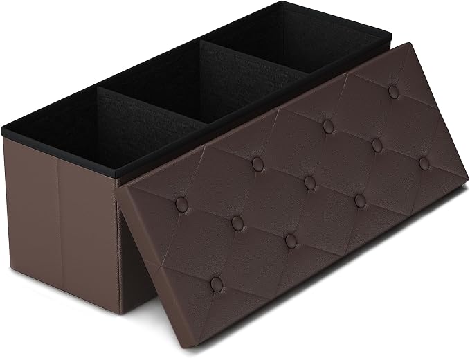 GLAXYFUR 43" Storage Ottoman Bench, Folding Ottoman with 2 Dividers, Brown | End of Bed Bench, PU Leather Foot Rest, Storage Chest for Living Room, Bedroom and Entryway