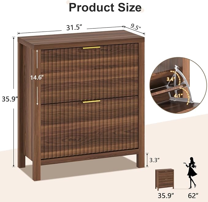 Fluted Shoe Cabinet Storage with 2 Flip Drawers for Entryway, Hallway | Narrow Shoe Rack Freestanding Shoe Organizer with Legs for Entryway，Hallway, Walnut