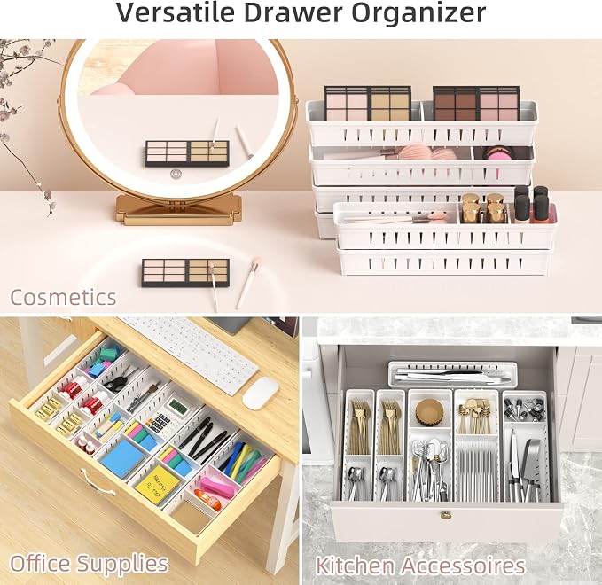 6 PCS Desk Drawer Organizer, Bathroom Drawer Organizer Trays | 12 pcs Dividers Adjustable, 24 Non-Slip Feet, Makeup Organizer Bins for Vanity Clothes Junk Kitchen Utensil, Plastic, White