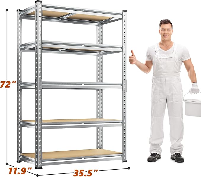 REIBII 5 Tier Garage Shelving for Pantry Garage, Adjustable Storage Shelves | 35.5" W x 11.9" D x 72" H, Holds 2400 Lbs, Silver, 5 Reinforcing Ribs, Steel Frame with Powder Coat, Freestanding