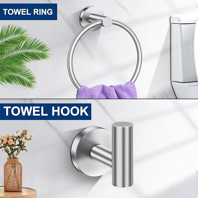 5 Pieces Brushed Nickel Bathroom Hardware Accessories Set, SUS304 Stainless Steel 24 Inch Bath Towel Bar Set, Round Bathroom Towel Holder Set, Towel Racks for Bathroom Wall Mounted