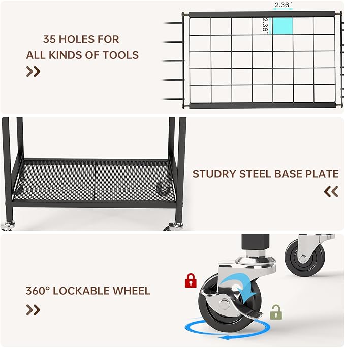 Hadulcet Garden Tool Organizer, Metal Garage Organization and Storage with Lockable Wheels, Garden Tool Rack with Storage Hooks, Heavy Duty Yard Tool Organizer for Garage, Shed, Lawn, Outdoor, Black