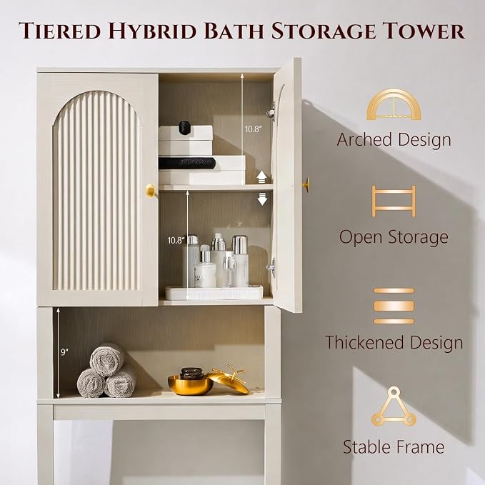 72" Over The Toilet Storage Cabinet, Modern Over Toilet Bathroom Organizer Shelf with Fluted Arched Doors, Wooden Free Standing Bathroom Storage Cabinet with Adjustable Shelf, Space Saver, Cream