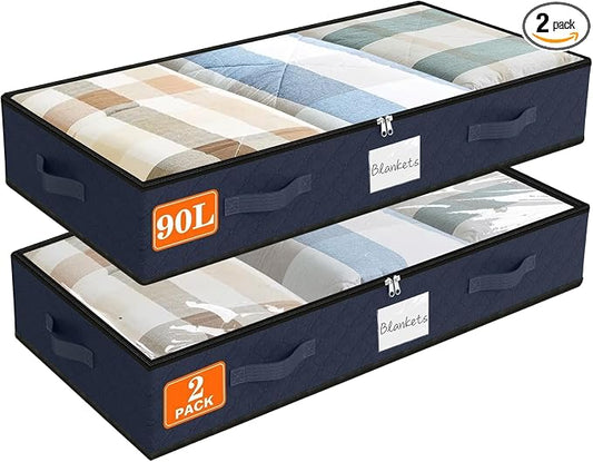 90L Under Bed Storage Containers, Storage Bags, Organizers, 2-Pack, Blue | Foldable, Soft Fabric, Closet Organizers, Reinforced Handle, Label Holder, Clear Window, for Comforters, Clothing, Blankets