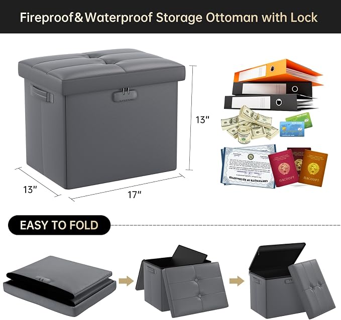 DocSafe Storage Ottoman with Lock,Fireproof Folding Ottoman Foot Rest Stool Storage Chest with Storage Safe for Important Documents,Waterproof 17 Inches Short Ottoman Foot Stool with Handles,Grey