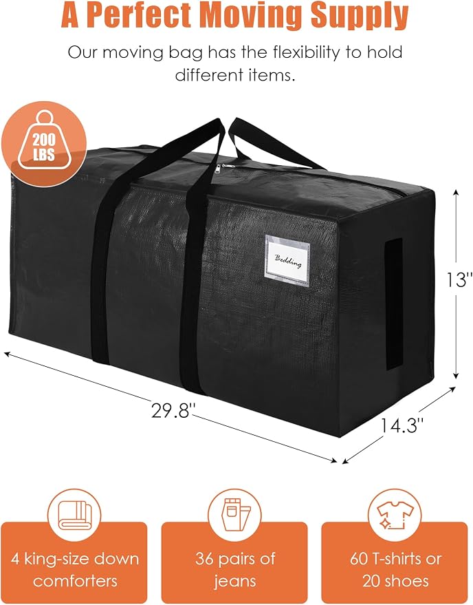 SWEET DOLPHIN 12 Pack 200LB Heavy-Duty Moving Bags with Wrap-Around Handles, Extra Large Storage Totes for Space Saving, Clothes Storage Bags, College Dorm Essentials, Black, 24 Gal