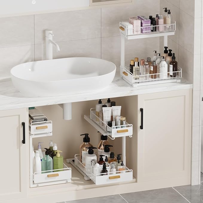Under Sink Organizer Kitchen - Upgraded Professional Rails, 2 Tier Dual Pull Out Cabinet Storage, Height Adjustable Under Sink Storage, Metal Sliding Drawer for Kitchen & Bathroom, White, 1 Pack
