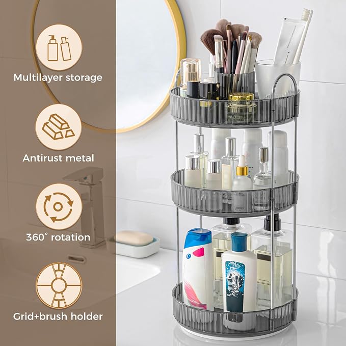 360° Rotating Makeup Organizer, Upgraded 3 Tier Skincare Perfume Organizers for Women, Bathroom Organizer Countertop, Clear Cosmetic Dresser Organizer with Makeup Brush Holder, Sink&Counter(Grey)