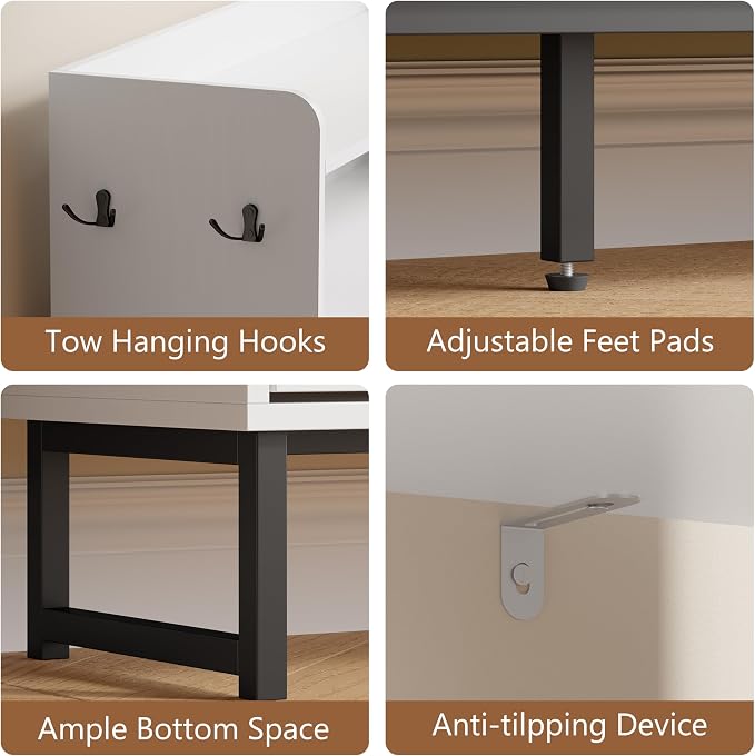 Shoe Cabinet with 4 Flip Drawers, Freestanding Hidden Shoe Storage Organizer for Entryway, Narrow Slim Shoe Rack Cabinet with Open Storage & Hooks for Front Door Entrance, Living Room, Hallway, White