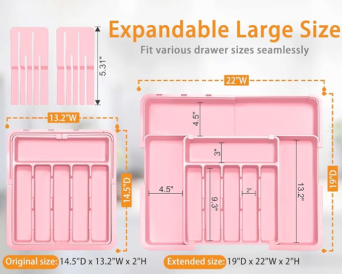 Homecor Silverware Organizer - Expandable Large Kitchen Drawer Organizer Utensil Organizer with 2 Knife Block Inserts, 22"x 19"Cutlery Tray with Drawer Dividers for Kitchen Flatware (Pink)