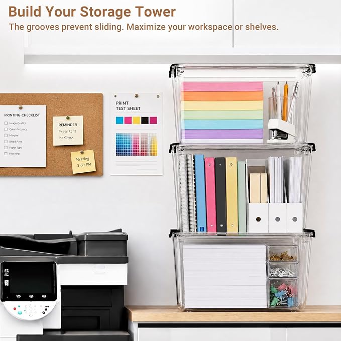 54Qt Stackable Storage Bins with Lids,Clear Latching Organizer Boxes,2-Pack | Craft Box with Buckle Clips, Dustproof Durable Storage Containers for Closet Organization, for Office, Arts & Crafts Supplies