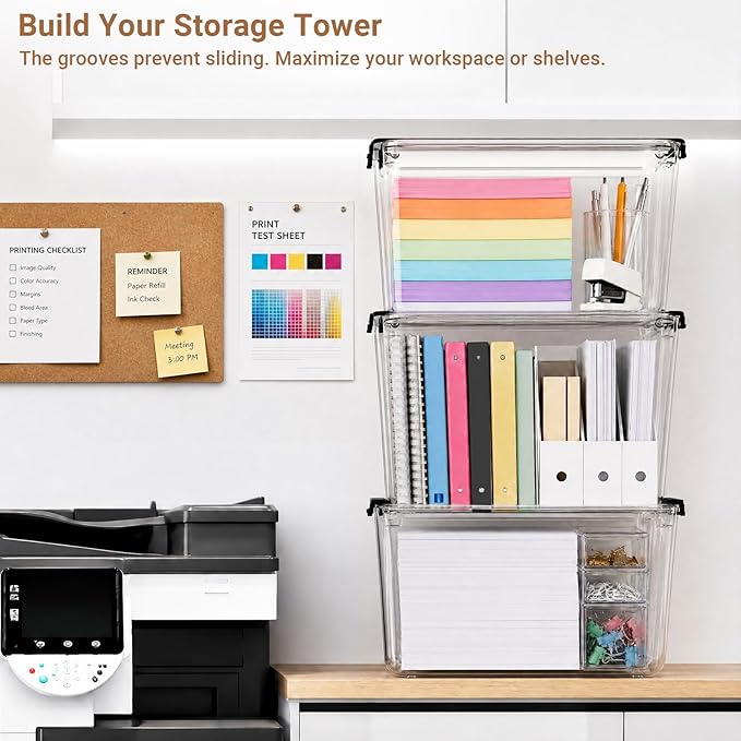 108Qt Stackable Storage Bins with Lids,Clear Latching Organizer Boxes,4Pack | Craft Box with Buckle Clips, Dustproof Durable Storage Containers for Closet Organization, for Office, Arts & Crafts Supplies