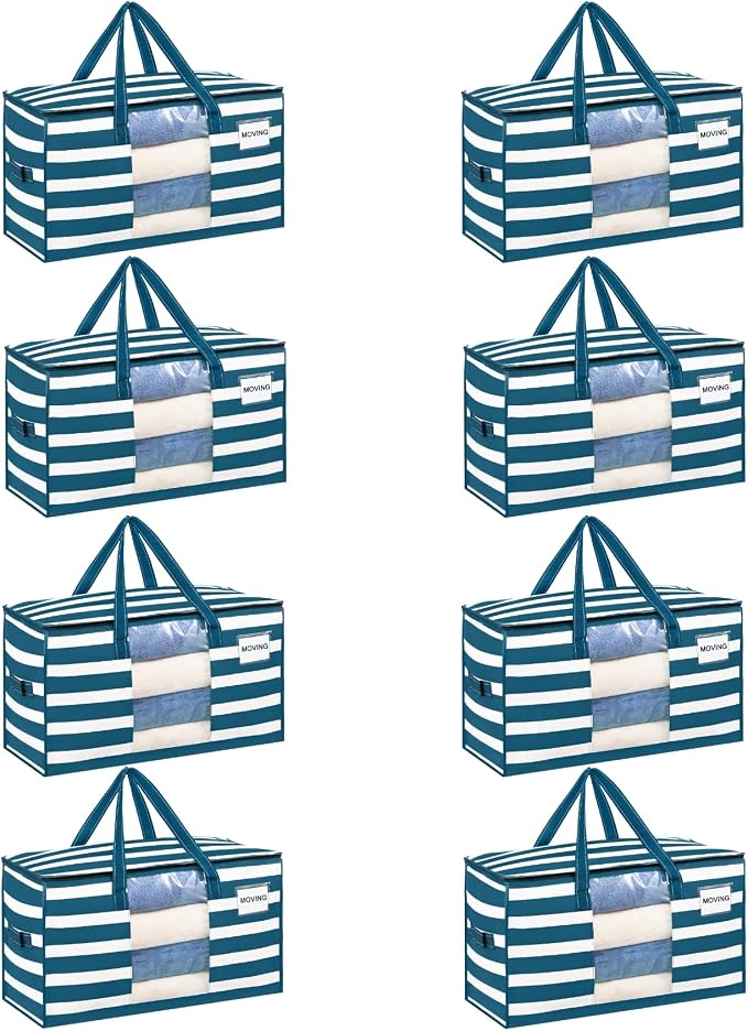 VENO Moving Bags, Wide Open Top, Clear Window, Classic Navy Stripe, 8 Pack | Moving boxes Alternative, Heavy Duty, Storage Bags, Clothes and Comforter Storage, Packing Supplies, College Dorm Essentials