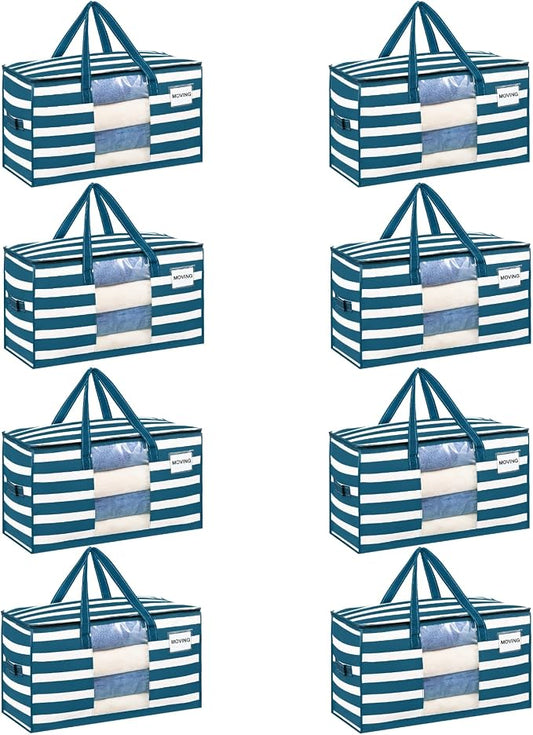 VENO Moving Bags, Wide Open Top, Clear Window, Classic Navy Stripe, 8 Pack | Moving boxes Alternative, Heavy Duty, Storage Bags, Clothes and Comforter Storage, Packing Supplies, College Dorm Essentials