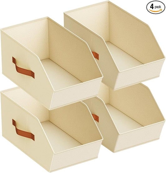 Homsorout Large Closet Storage Cubes - Closet Storage Bins with Dual Handles for Clothes, Towels, Toys, Shelf Organizer Bins for Bedroom, Nursery, Shelves, Small Spaces, Beige, 4 Pack