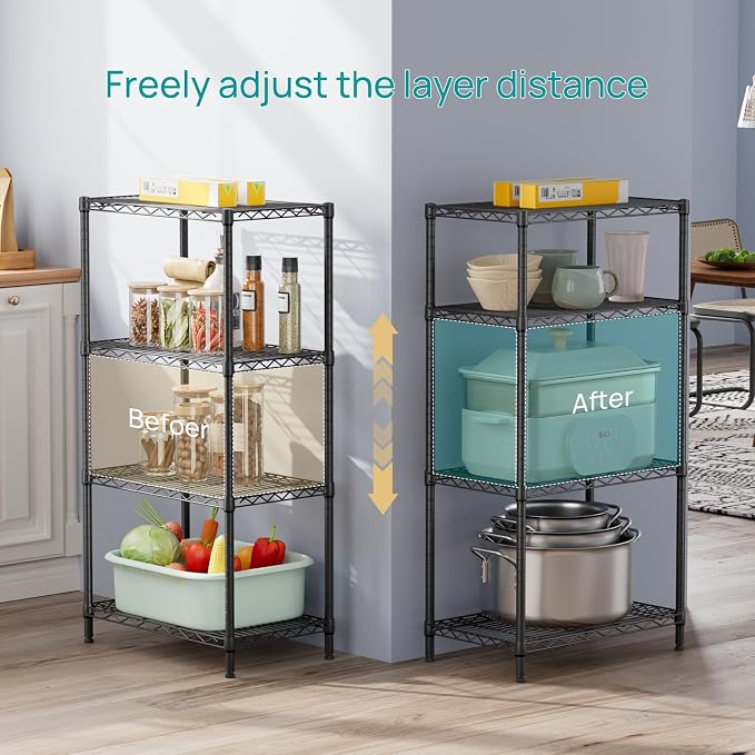 SINGAYE 4 Metal Shelves Wire Shelving Storage Shelf Adjustable Unit Pantry | 4 Tier Kitchen Laundry Room Organization Home Pantry Closet Bathroom Organizers Garage Rack 14" D x 24" W x 48" H Black