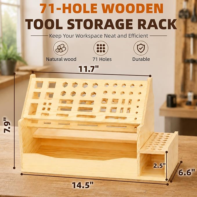 Wooden Screwdriver Organizer, 71 Holes | Workbench Desktop Repair Tools Storage Rack, Multi-functional Hand Pliers Tool Stand Holder for Hammer Wrench