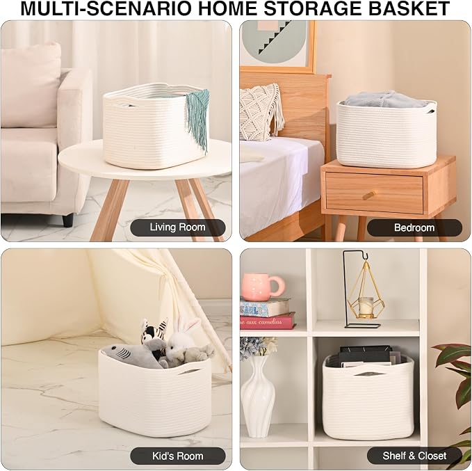 ICERZCZ Woven Cotton Rope Storage Basket for Organizing, Cute Decorative Baskets for Gifts Empty, Organizer Bins for Dog Toy, Baby Laundry, 15“×11”×9.5“, Off White