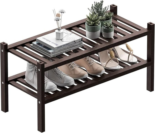 ROMGUAR CRAFT 2 Tier (Thick) Bamboo Shoe Rack for Closet Free Standing Wood Shoe Shelf for Entryway Small Space Stackable 27"x12"x14" (Black Brown)
