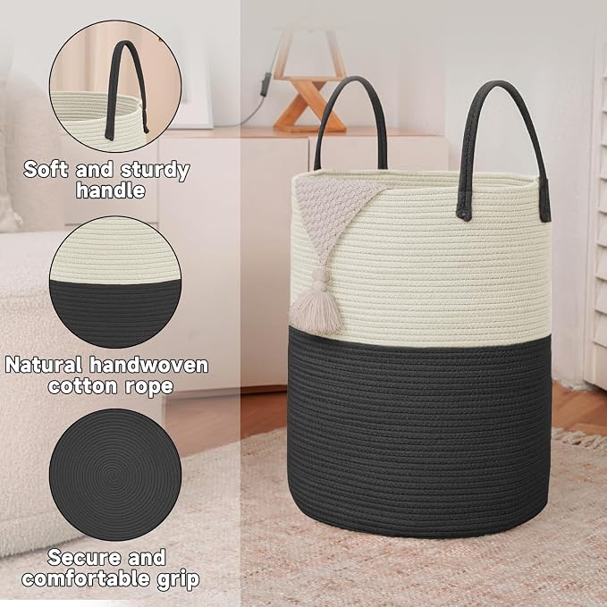 JMvicyroam 60L Cotton Rope Laundry Basket Hamper, White and Black | Collapsible laundry basket, reinforced handles, freestanding, machine washable, holds 3-5 thick blankets, clothes or toys