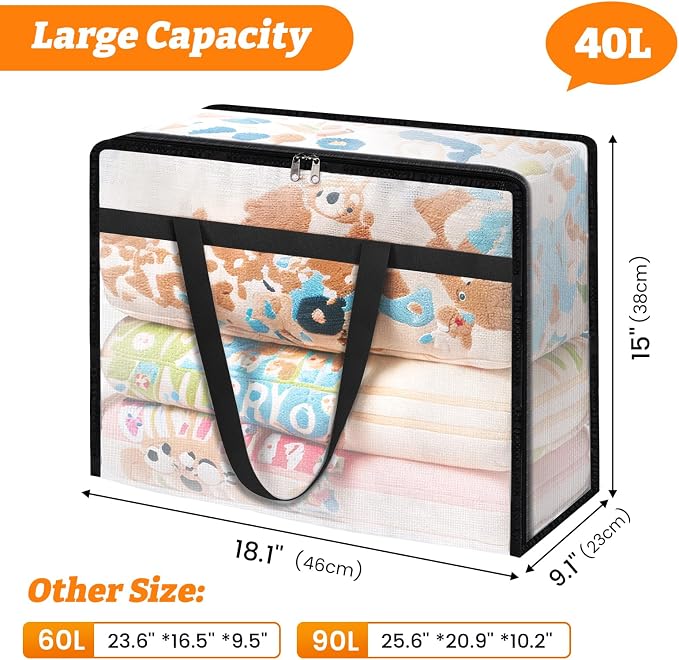 BlissTotes 8 Pack Clear Clothes Storage Bags, Moving Bags, Foldable Blanket Storage Under Bed Storage Containers with Sturdy Zipper and Handle for Clothing, Comforter, Bedding, Sheet (40L)