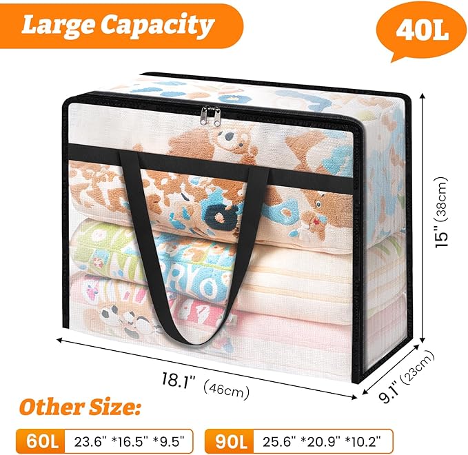 BlissTotes Moving Bags 40L 4PCS, Clear Clothes Storage Under Bed Storage | Foldable Clothes Storage Bags with Sturdy Zippers & Handles for Comforter, Bedding, Books, Sheet, Transparent Containers