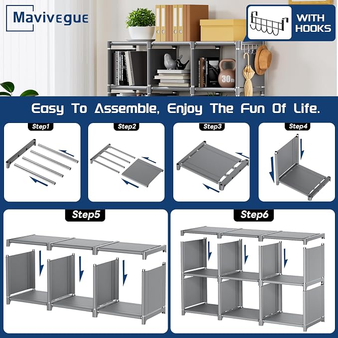 Mavivegue Book Shelf, 12 Cube Storage Organizer, DIY Bookcase, Metal Cube Bookshelf,Tall Book case for Bedroom, Living Room,Office,Closet Storage Organizer, Grey Cubicle Storage Rack
