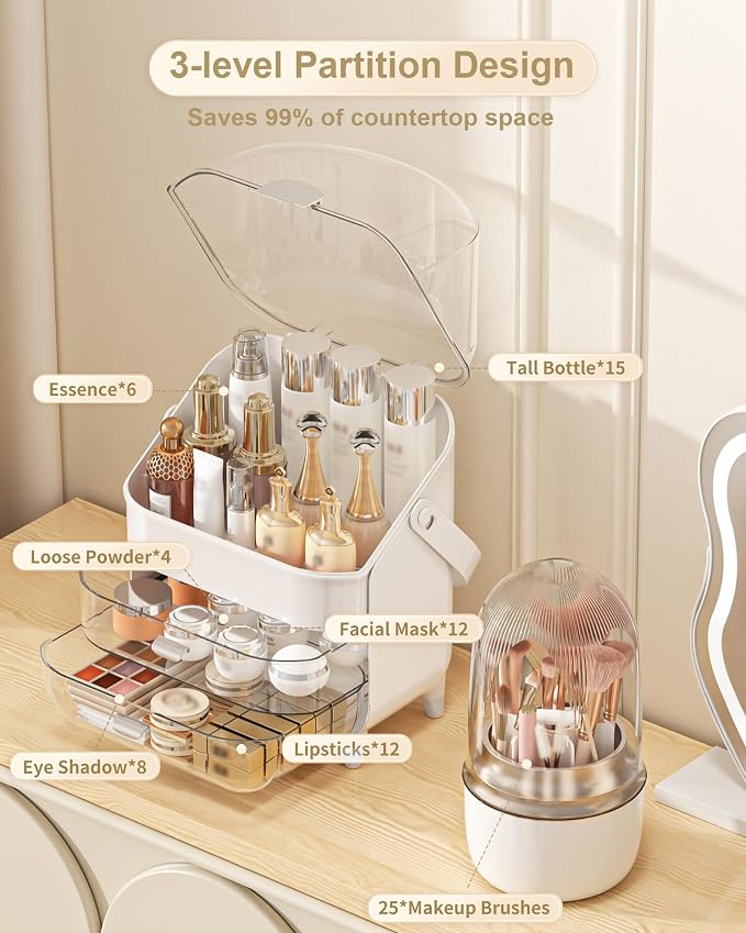 Makeup Organizer Countertop, Skincare Holder Bathroom Counter Organizer, Storage Box Cosmetic Display Cases, Teen Girl Gifts Make up Organizers (Sliver/Brush)