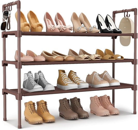 LANTEFUL 3 Tier Shoe Rack for Closet Shoe Organizer with 5 Hooks, Long Shoe Shelf Storage for Shoe and Boot Stackable Free Standing Shoe Rack for Entryway, Garage, Small Spaces, Dorm, Brown