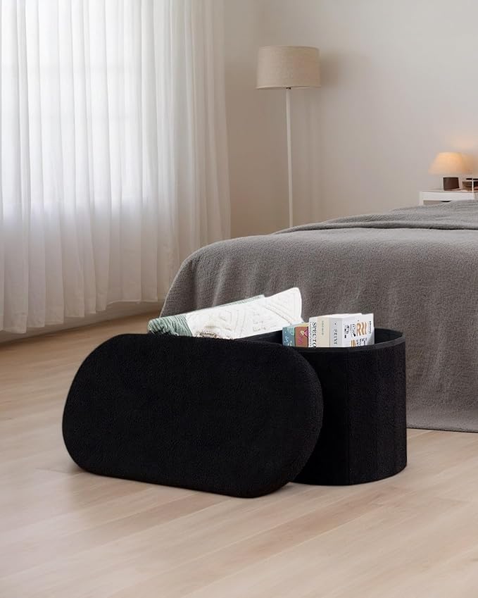 30 Inches Oval Storage Ottoman Bench, Foldable Footrest | Teddy Boucle Fabric, Hidden Storage, Soft Padded Seat, Compact Ottoman For Living Room, Bedroom, Dorm, Black