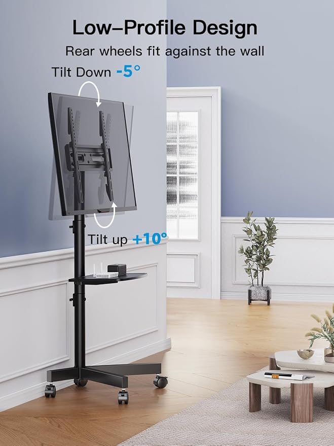 PERLESMITH Rolling TV Stand on Wheels for 23-65 Inch TVs,Tilt Mobile TV Cart Holds up to 99 lbs with Adjustable Height Shelf, Outdoor TV Stand for Bedroom Max VESA 400x400mm PSTVMC04