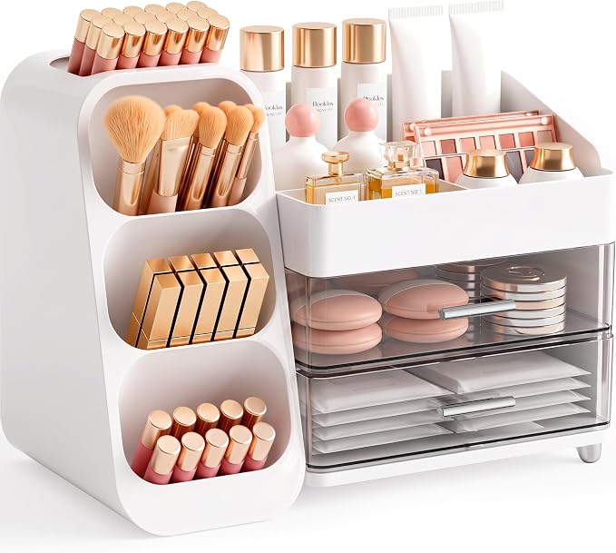 Booklov Large Makeup Organizer for Vanity Countertop, White | Clear Acrylic Cosmetic Display Case, Beauty Brush Holder for Bathroom Counter, Make Up Skincare Lipsticks Storage