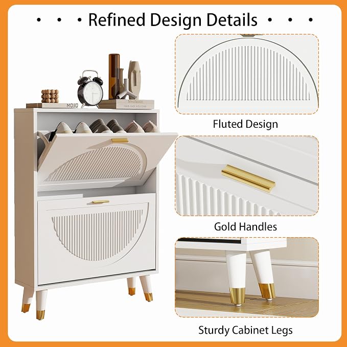 Narrow Shoe Cabinet Storage for Entryway: Cabinet Shoe Rack Organizer, White Shoes Cabinets with 2 Flip Drawers, Modern Shoes Storage Entryway for Front Door Entrance (1 Piece, 25")