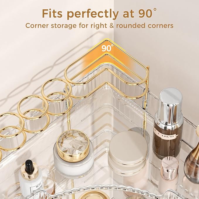 BEFSOP Corner Bathroom Counter Organizer, Upgraded 2-Tier Makeup Organizer Countertop with Makeup Brush Holder, Skincare Exquisite Vanity Organizers Countertop Bathroom Storage Dresser(CLEAR)