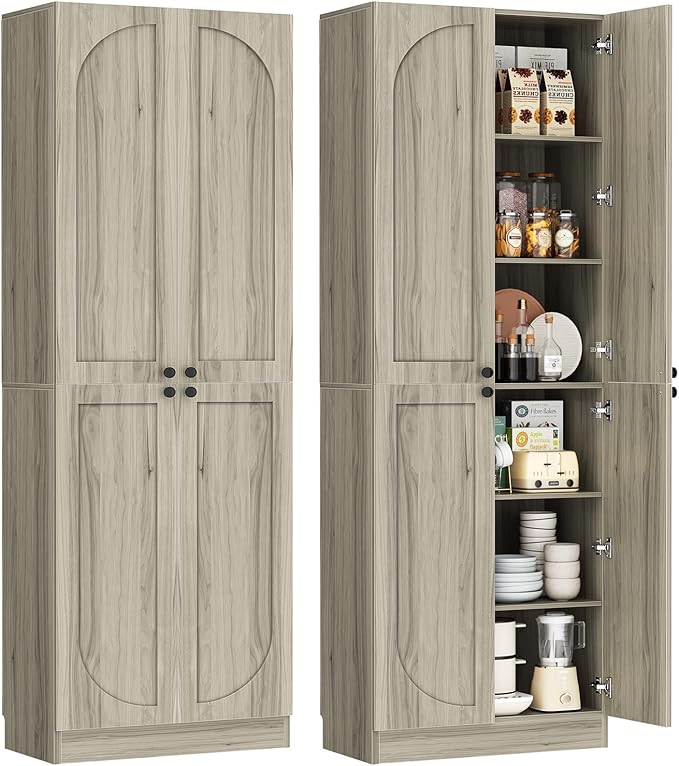 Cyclysio 80" Kitchen Pantry, Extra Tall Arch Storage Cabinet with 4 Soft Close Doors and Adjustable Shelves, Freestanding Wood Cupboard with Seamless Fit Wall for Dining Living Room Bathroom Furniture