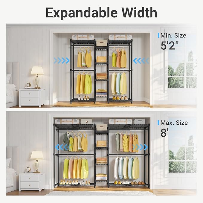 VIPEK X3 Expandable Heavy Duty Clothes Rack Closet Organizer System Black | Large Freestanding Clothing Rack with Adjustable Shelves and Hanger Rods from 5'2" to 8', Reach-in & Walk-in Closet 1210LBS