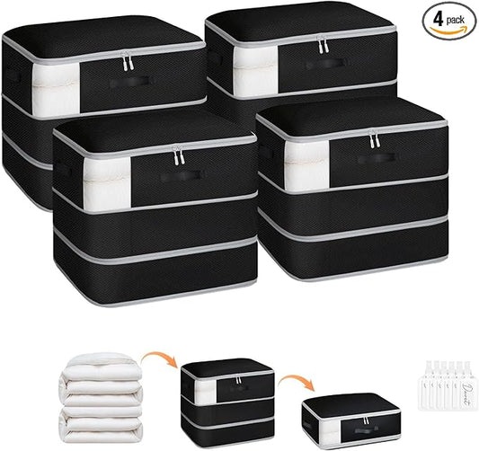 Homsorout 4 Pack Compression Storage Bags - 110L Large Capacity Comforter Storage Bag, 3-Layer Washable Ultra Space Saving Self Compression Organizer Space Bags for Blanket, Sweater, Sheet, Black